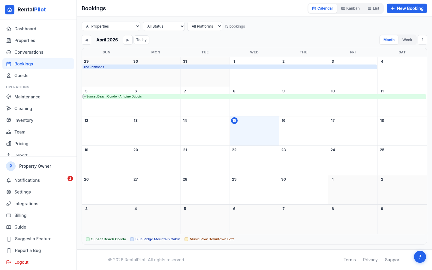 RentalPilot Bookings Calendar — color-coded monthly view with multi-property booking blocks