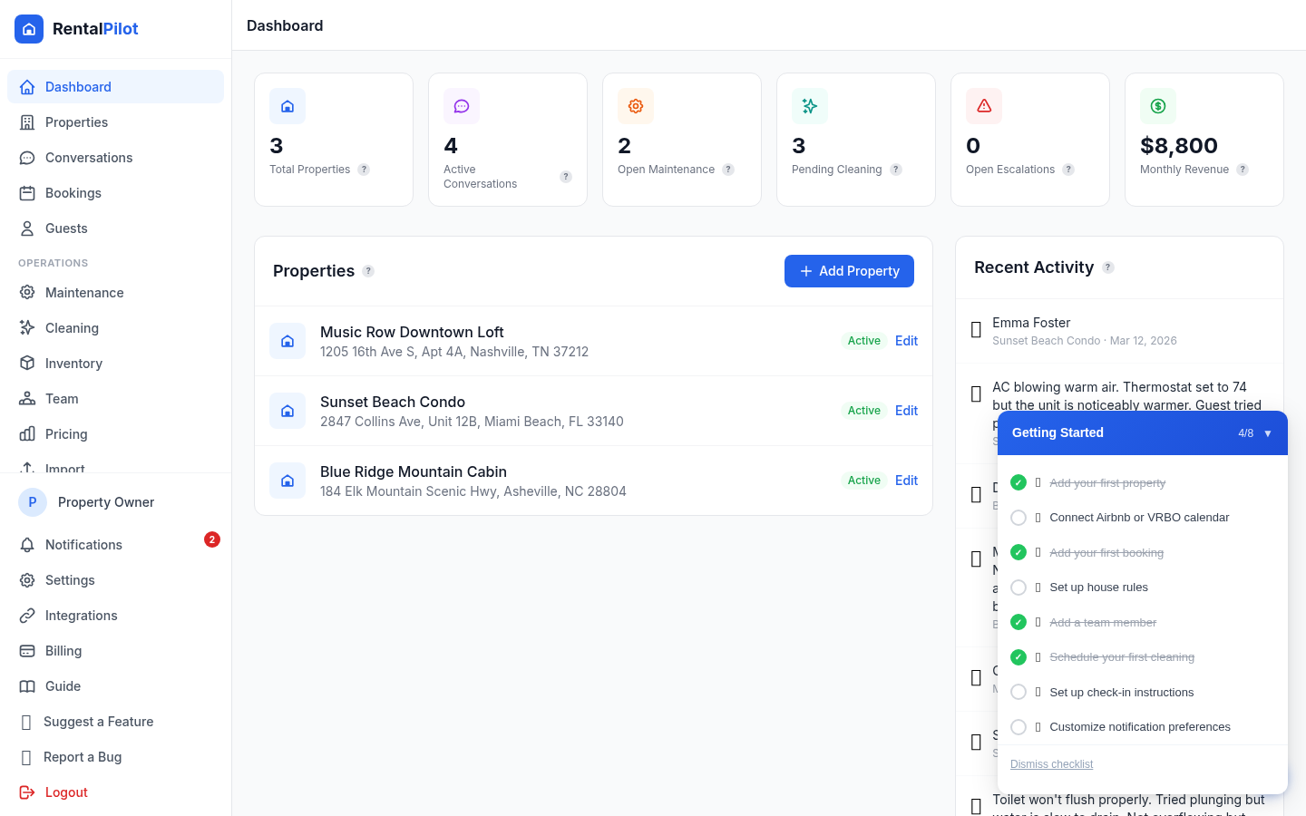 RentalPilot Dashboard — portfolio overview with revenue stats, occupancy rates, and property cards
