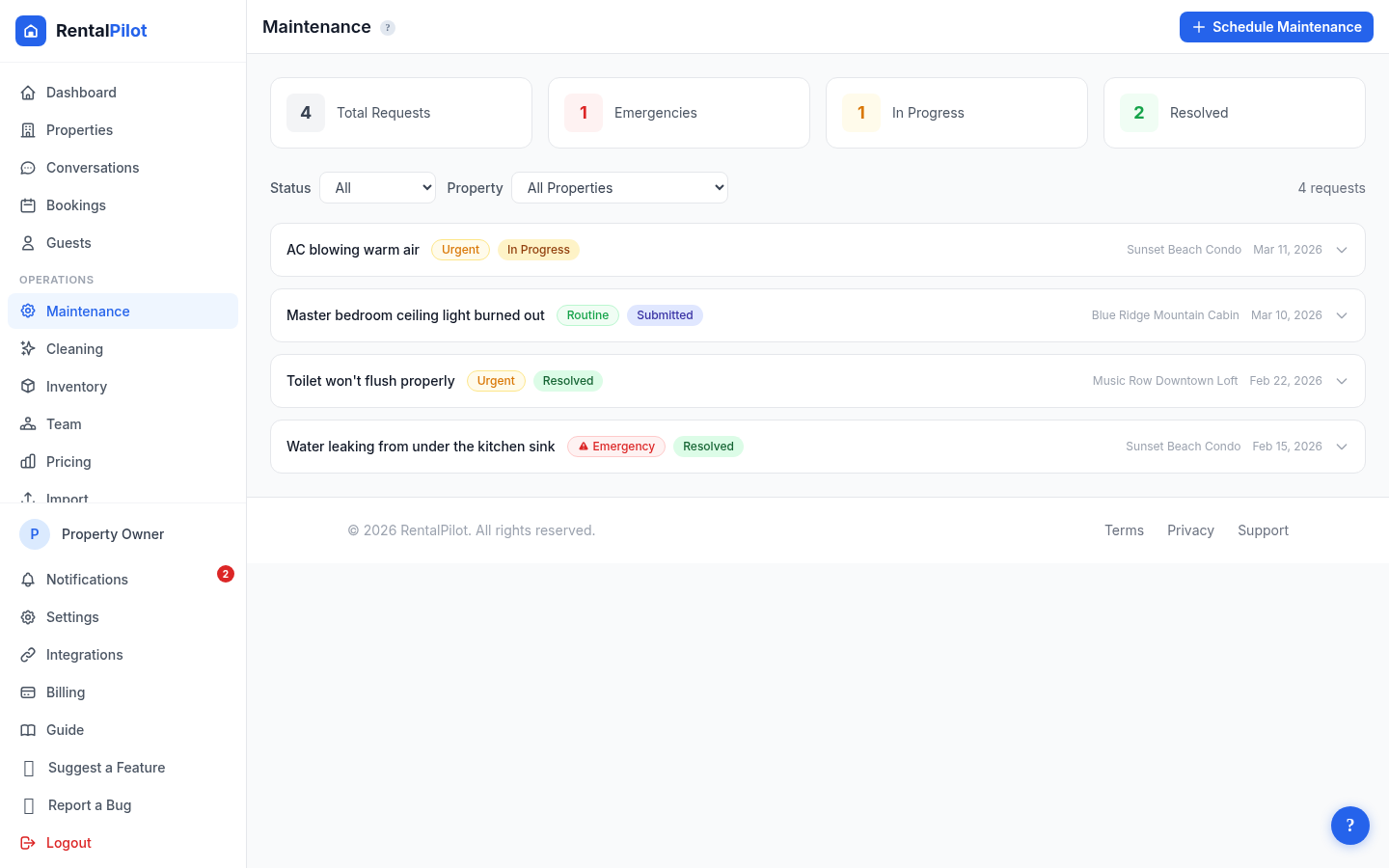 RentalPilot Maintenance — AI-triaged repair requests with emergency, urgent and routine priority levels